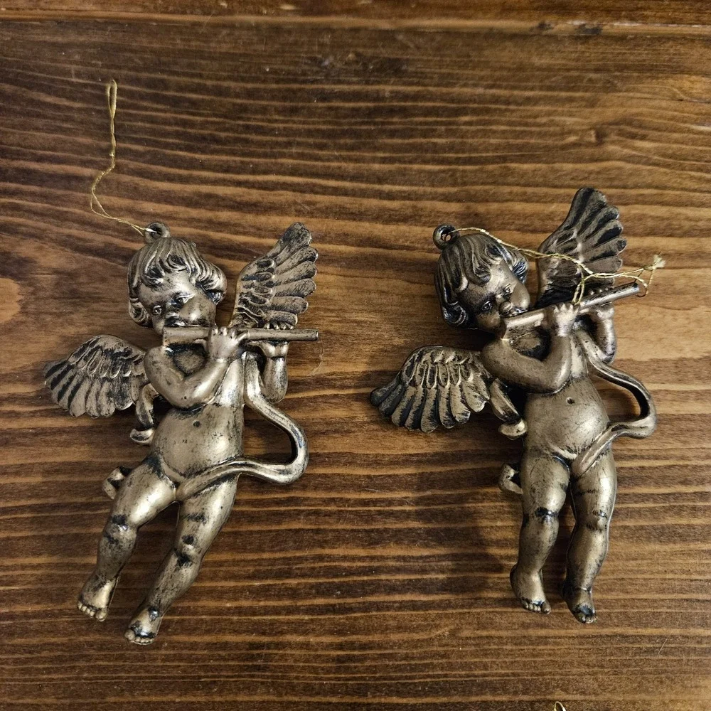 Vintage Cherub Angel Ornaments Set of 6 Gold Tone Musical Angels‎ Christmas